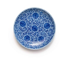 A Chinese blue and white porcelain plate, decorated with floral roundels and scrolling foliage