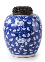 A Chinese blue and white porcelain ginger jar and cover decorated with prunus branches, Kangxi period, 1662-1722