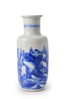 A Chinese blue and white porcelain rouleau-shaped vase decorated with a mountainous river landscape, Kangxi period, 1662-1722