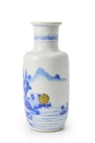 A Chinese blue and white porcelain rouleau-shaped vase decorated with a mountainous river landscape, Kangxi period, 1662-1722