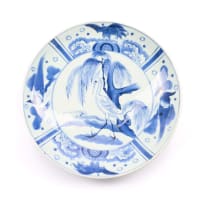 A Chinese blue and white porcelain plate, decorated with cranes in a landscape setting
