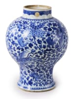 A Chinese blue and white porcelain baluster jar with wooden lid, 18th century
