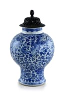 A Chinese blue and white porcelain baluster jar with wooden lid, 18th century
