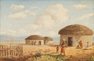 Edward Charles Moore; Figures in front of Huts
