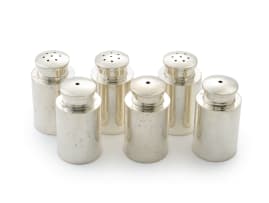 A set of six silver salt and pepper shakers, unmarked, undated, stamped 925
