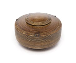 Peter Jaff; Brown lidded vessel with incised rings and nodules