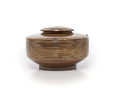 Peter Jaff; Brown lidded vessel with incised rings and nodules