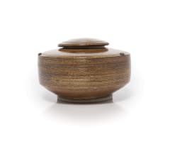 Peter Jaff; Brown lidded vessel with incised rings and nodules