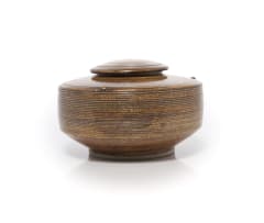 Peter Jaff; Brown lidded vessel with incised rings and nodules