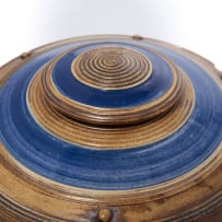 Peter Jaff; Brown and blue lidded vessel with ring and nodule decoration