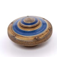 Peter Jaff; Brown and blue lidded vessel with ring and nodule decoration