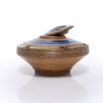 Peter Jaff; Brown and blue lidded vessel with ring and nodule decoration
