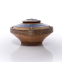 Peter Jaff; Brown and blue lidded vessel with ring and nodule decoration