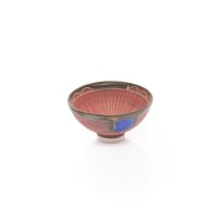 Various Artists; Wooden cabinet with glass shelves and fluorescent lights with 24 ceramic art pieces