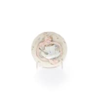 Various Artists; Wooden cabinet with glass shelves and fluorescent lights with 24 ceramic art pieces