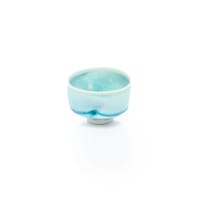 Various Artists; Wooden cabinet with glass shelves and fluorescent lights with 24 ceramic art pieces