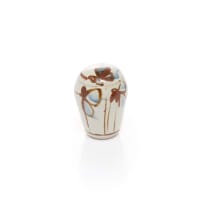 Various Artists; Wooden cabinet with glass shelves and fluorescent lights with 24 ceramic art pieces