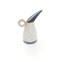 Various Artists; Wooden cabinet with glass shelves and fluorescent lights with 24 ceramic art pieces