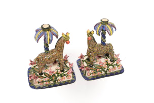 Ardmore Ceramic Studio; Pair of candle sticks with giraffe, palm tree and flower motifs, two
