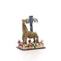 Ardmore Ceramic Studio; Pair of candle sticks with giraffe, palm tree and flower motifs, two