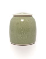 Peter Jaff; Celadon lidded jar with relief linear motif