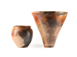 Cilla Williams and Annie Nicolson; Pit-fired vase with linear relief pattern and 'Babela Umlilo' (Like a grass fire), two