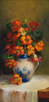 Mari Vermeulen-Breedt; Nasturtiums in a Blue and White Jug