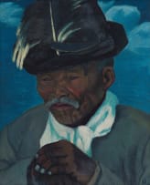 Maggie Laubser; Portrait of an Old Man with Hat; Coloured Sky in Background