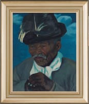 Maggie Laubser; Portrait of an Old Man with Hat; Coloured Sky in Background