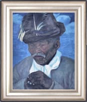 Maggie Laubser; Portrait of an Old Man with Hat; Coloured Sky in Background