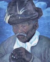 Maggie Laubser; Portrait of an Old Man with Hat; Coloured Sky in Background
