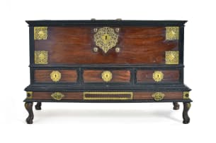 Batavian jackwood, ebony and brass-mounted chest-on-stand, 18th century