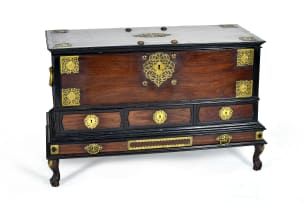 Batavian jackwood, ebony and brass-mounted chest-on-stand, 18th century