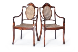 Pair of Victorian oak and caned armchairs, 19th century