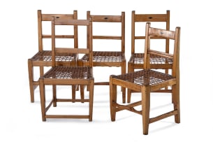 Assembled set of five Cape West Coast yellowwood and inlaid side chairs, 19th century