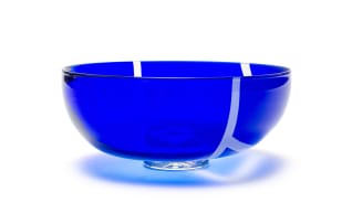 David Reade; Circular cobalt blue glass bowl with frosted geometric design