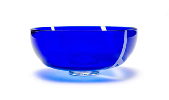 David Reade; Circular cobalt blue glass bowl with frosted geometric design