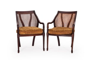 Pair of Regency mahogany and caned library armchairs, 19th century