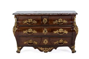 French Louis XV marble-topped, parquetry and ormolu-mounted commode, 18th century