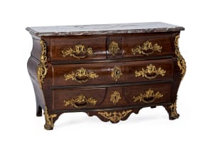 French Louis XV marble-topped, parquetry and ormolu-mounted commode, 18th century