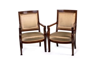 Pair of Empire style mahogany upholstered armchairs, late 19th century