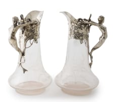 A pair of German Art Nouveau glass and silver-plate mounted claret jugs, WMF, Germany, 1901
