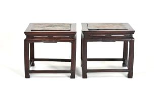Pair of Chinese hardwood and marble side tables, 20th century