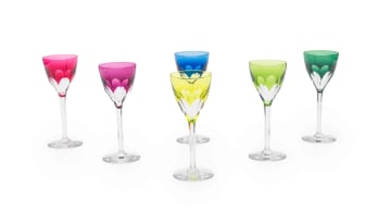 Set of six coloured crystal wine glasses, 20th century