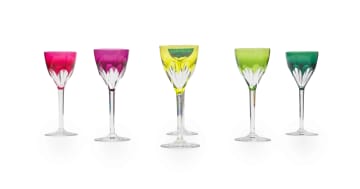 Set of six coloured crystal wine glasses, 20th century