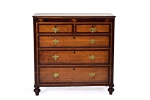 Georgian style oak and mahogany inlaid chest of drawers, 20th century