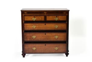 Georgian style oak and mahogany inlaid chest of drawers, 20th century