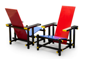 Gerrit Rietveld; Pair of 'Red and Blue' armchairs after a 1918 design by Gerrit Rietveld, Netherlands