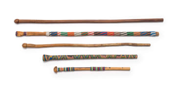 Unrecorded artist; Carved Wooden Staff, five