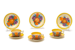 Clarice Cliff; Clarice Cliff 'Bizarre' part tea set hand-painted in the 'Gay Day' pattern